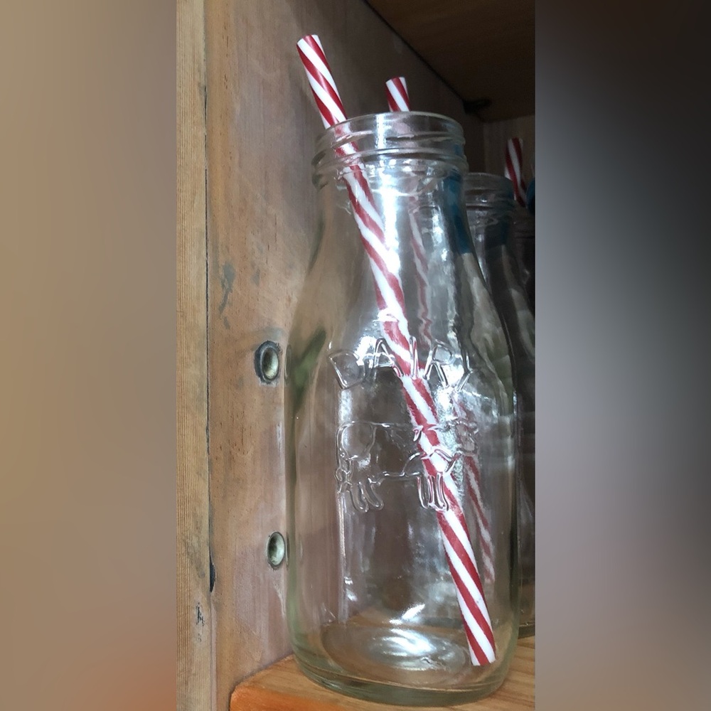 Set of 4 Glass Dairy Cow Milk Bottle Smoothie Juice Lemonade Drink Stripe Straw